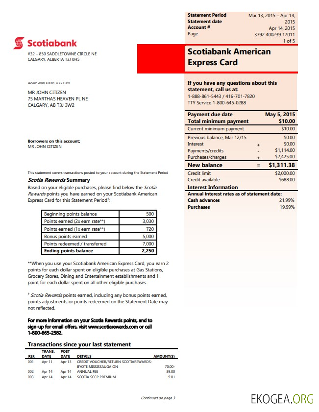 Relevé de la Banque Scotia du Canada template